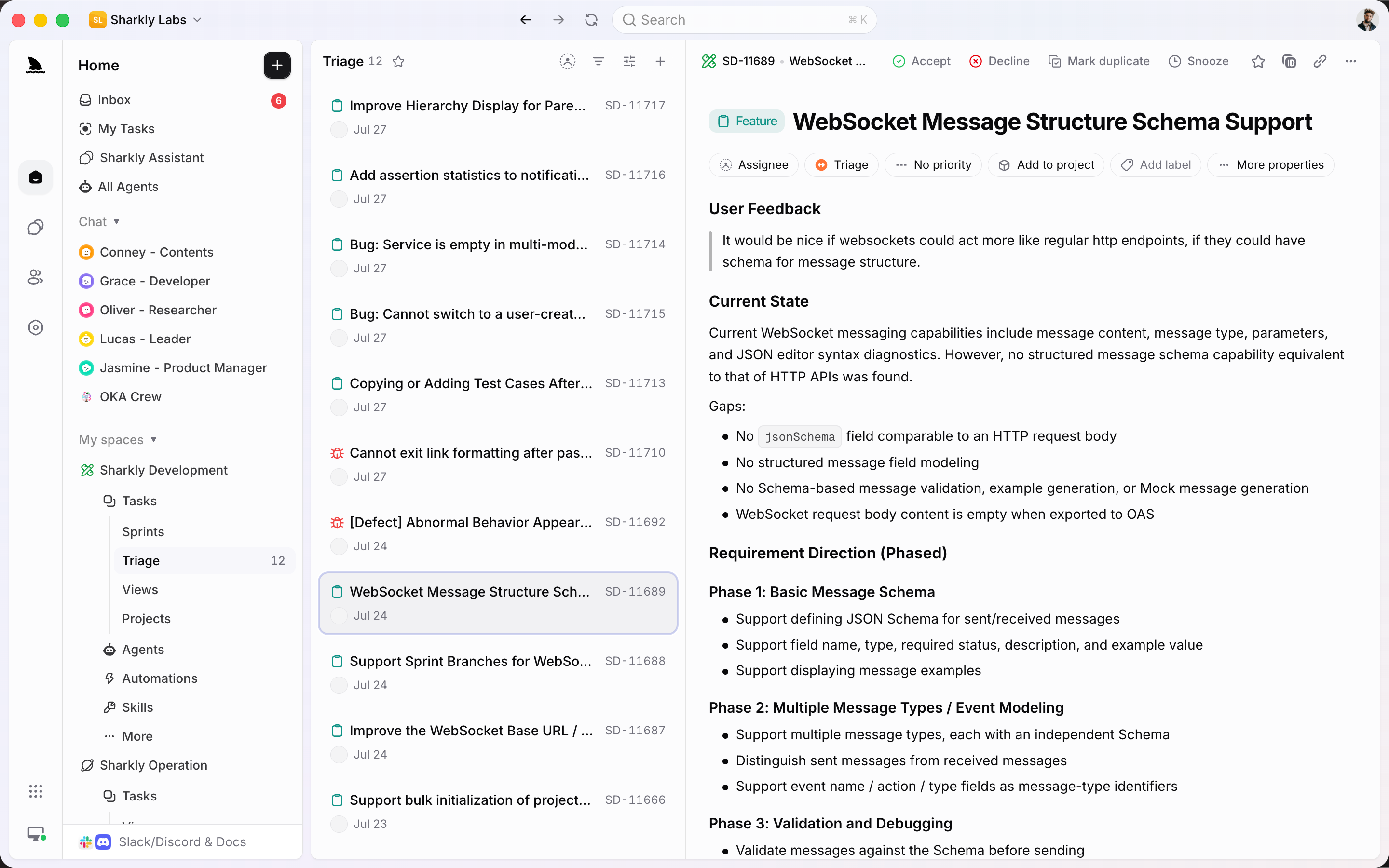 Sharkly Triage queue with Accept, Decline, Mark duplicate, and Snooze
