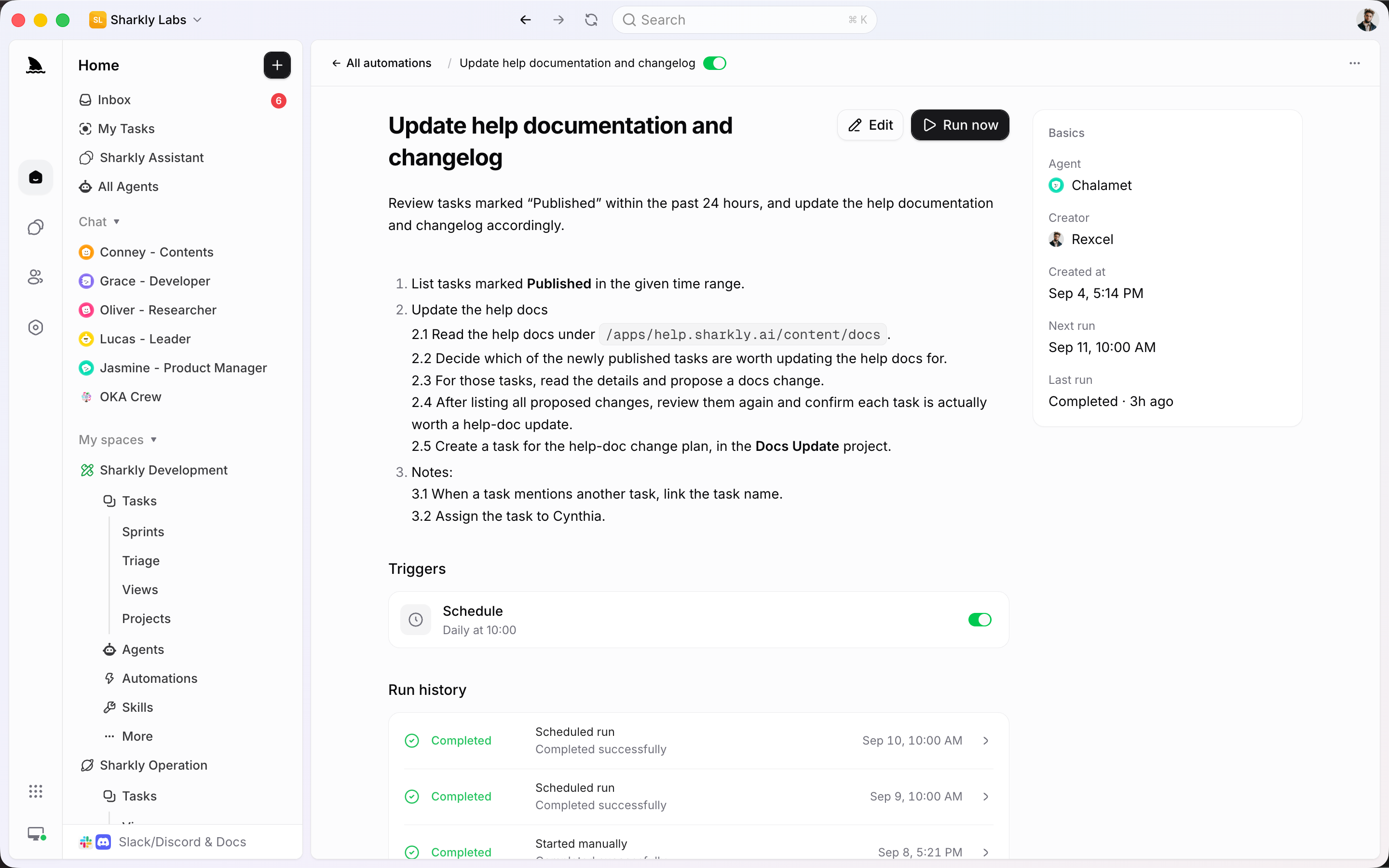 Sharkly Automation with instructions, schedule, assigned Agent, and run history