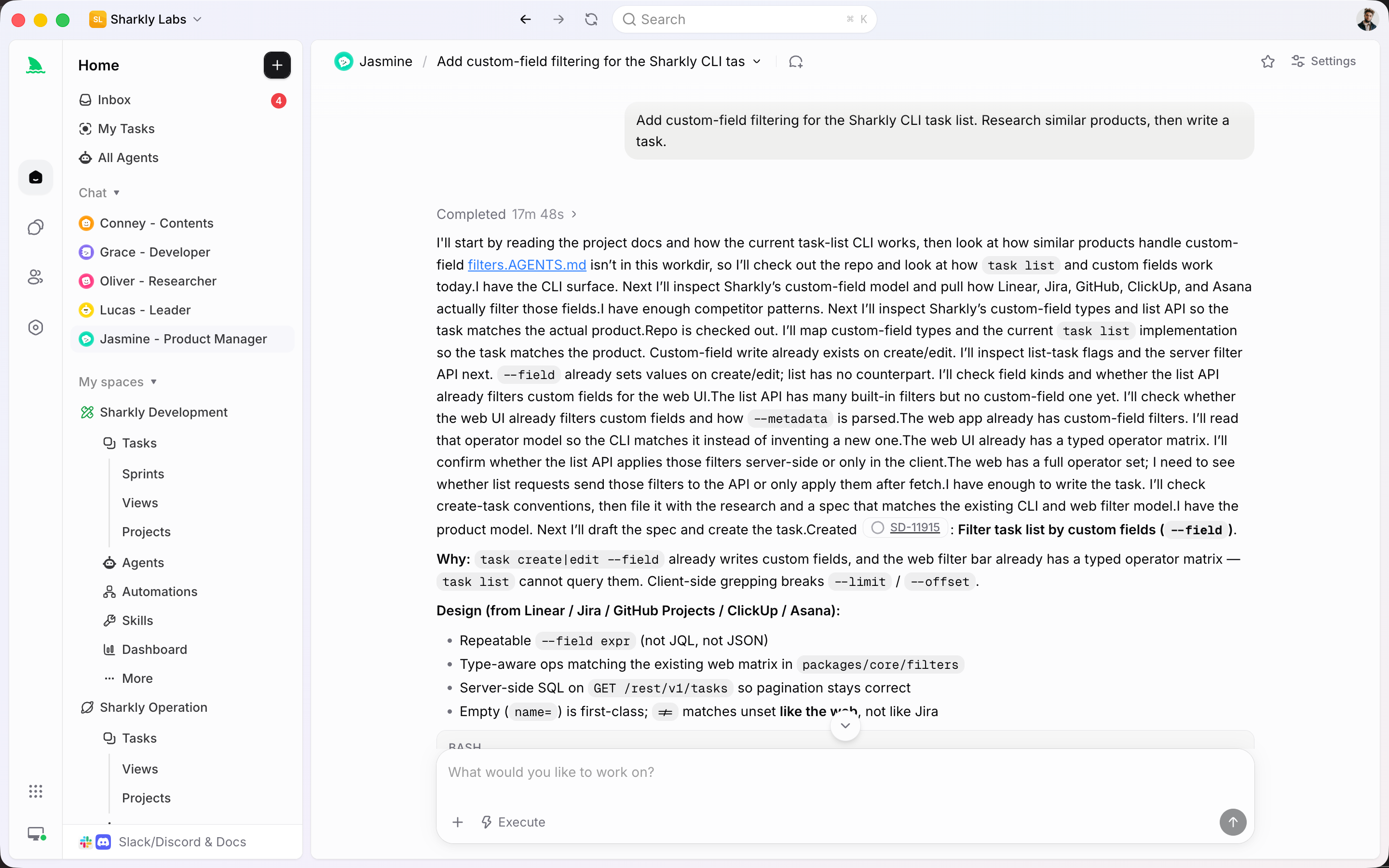 Sharkly Agent Chat turning a conversation into tracked work