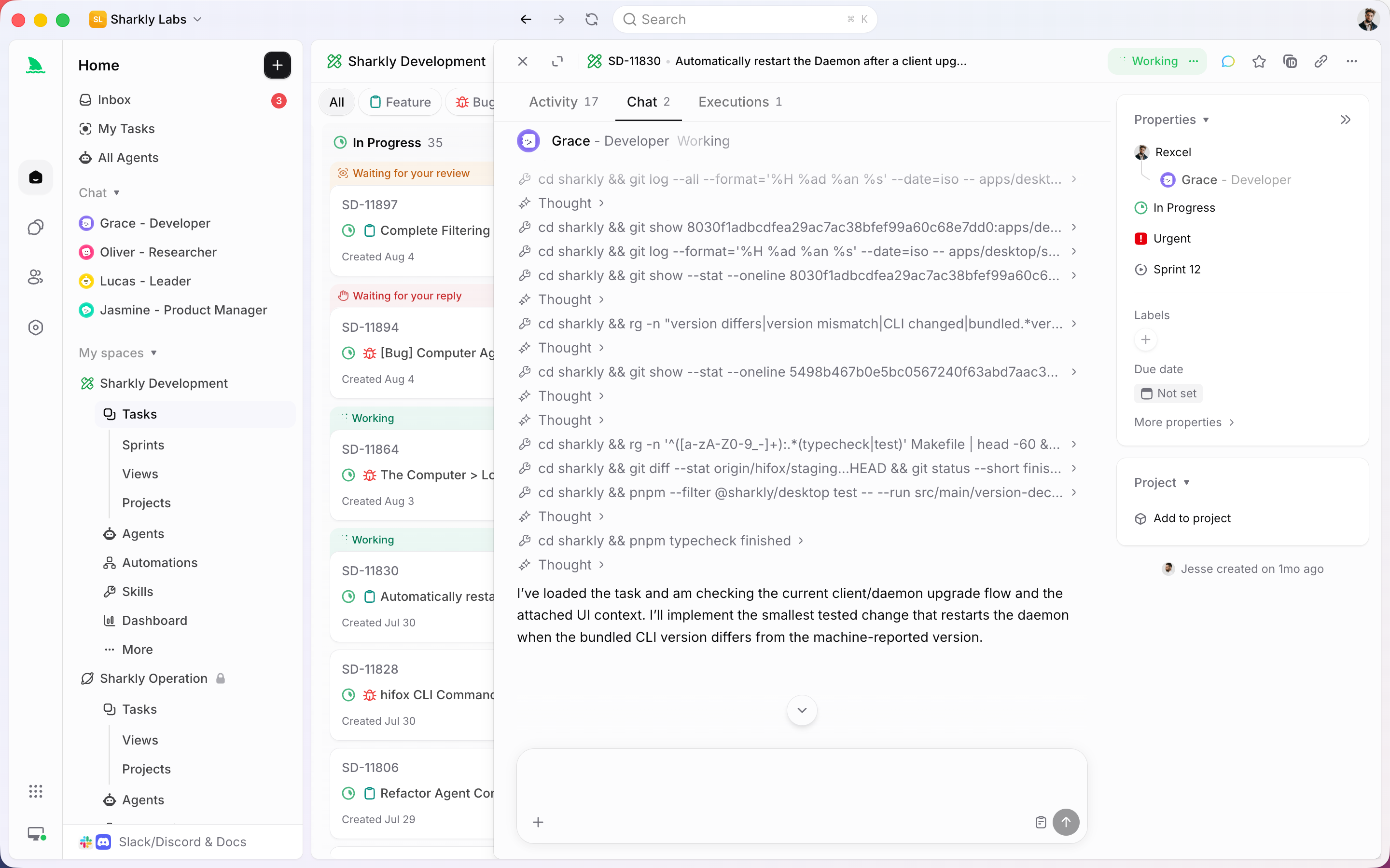 An Agent working a ticket, with tool calls and progress on the task
