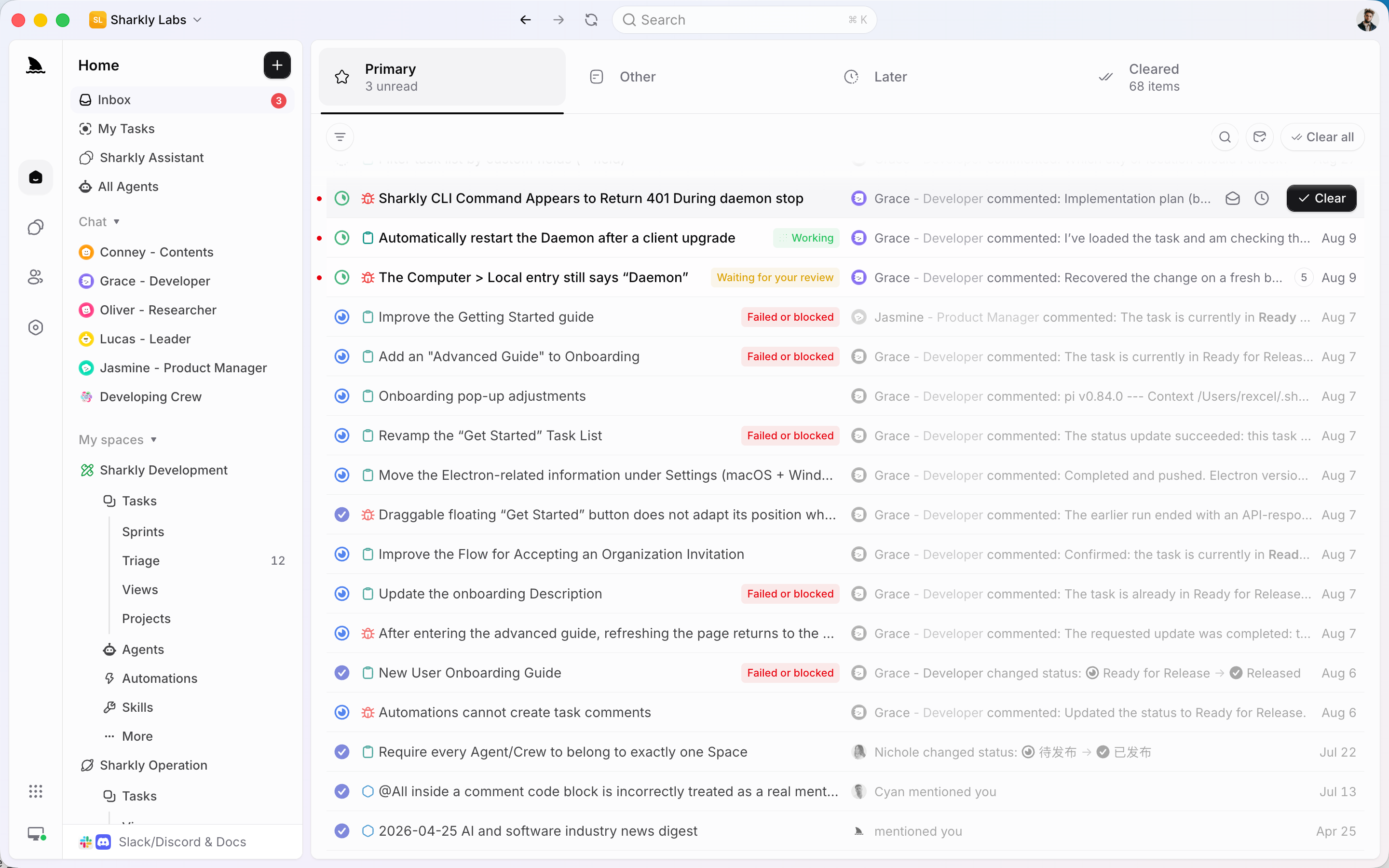 Inbox grouped by Task across Primary, Other, Later, and Cleared