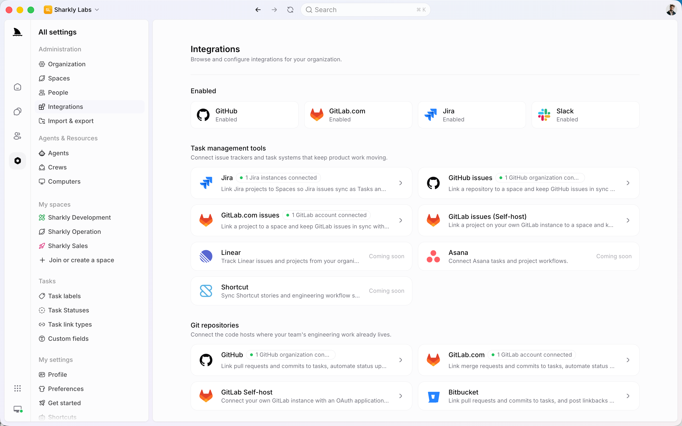 Sharkly Integrations settings with Jira, GitHub, and Slack