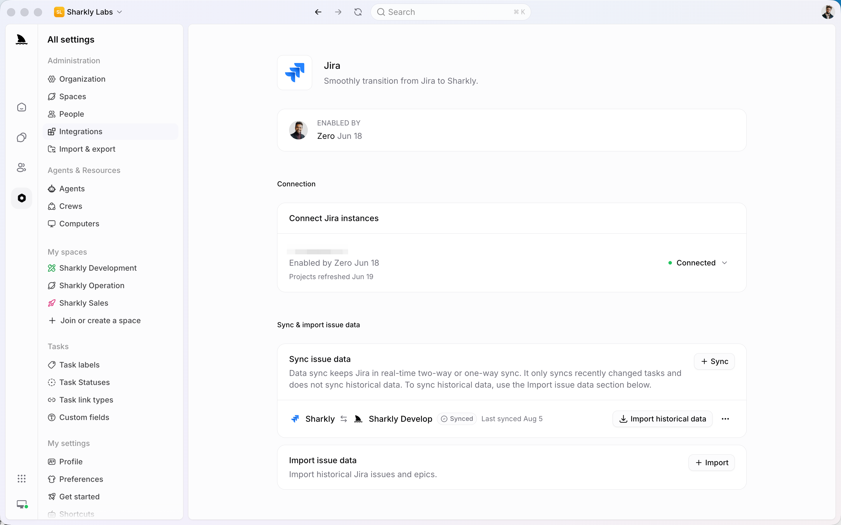 Jira integration with a project linked to a Space