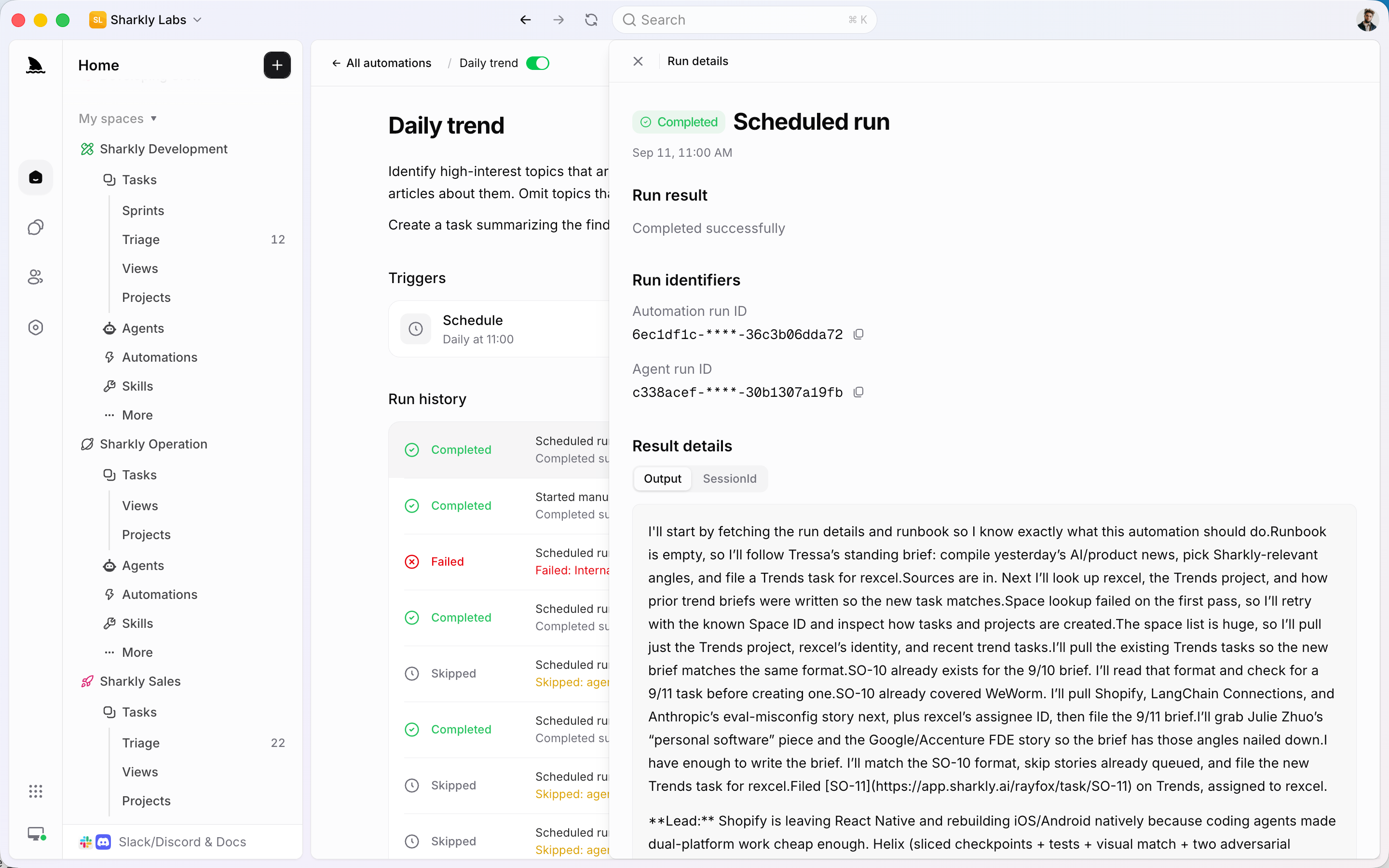 Scheduled Automation run with instructions, assigned Agent, and history