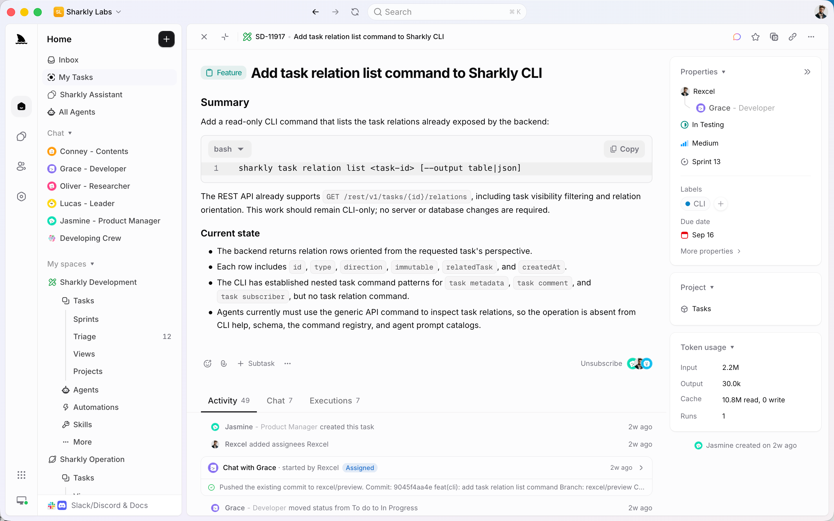 Task detail with description, assignees, status, and history