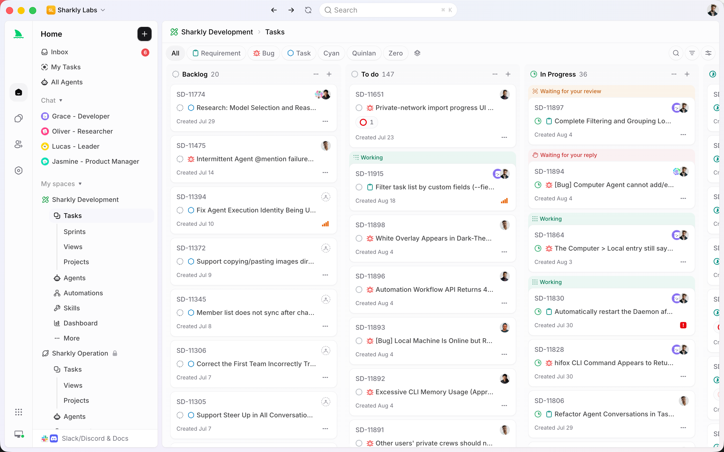 The task board with people and Agent assignees