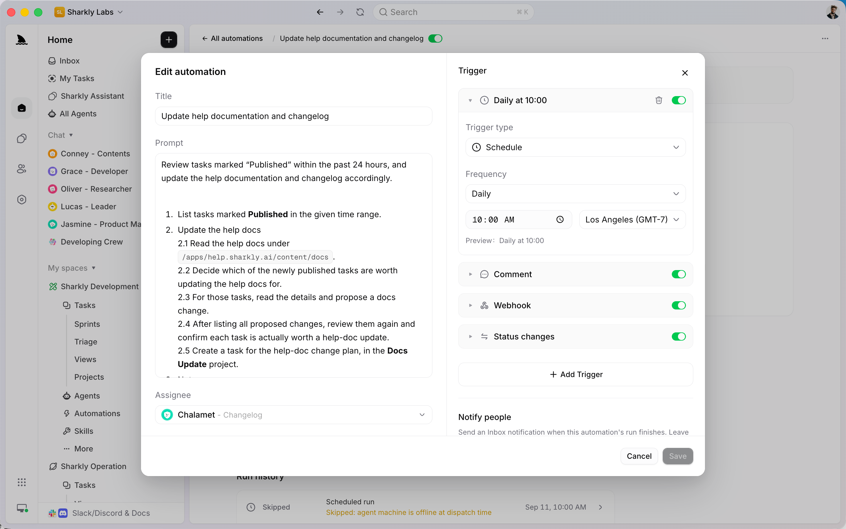 Automation trigger editor with schedule, status, comment, webhook, and manual